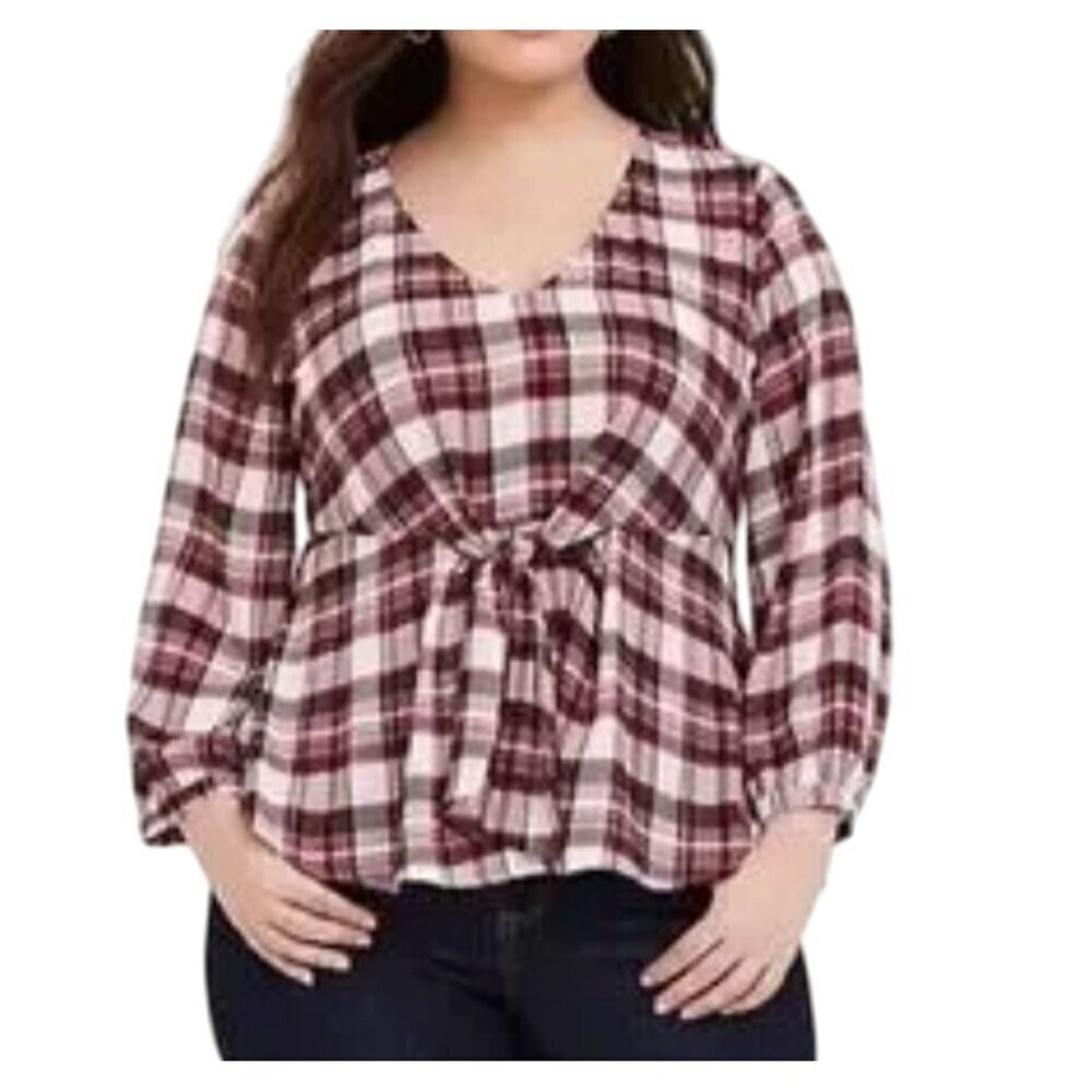 Torrid Top Women 3X Red Pullover Plaid Georgette Peplum Retro Boho Western